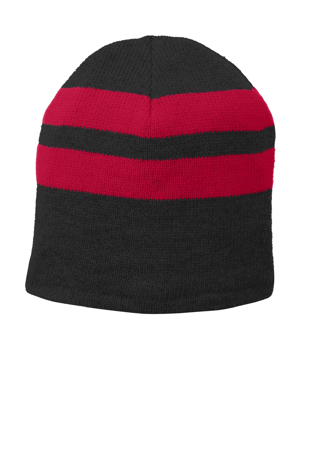 Port & Company Hats C922 Unisex Fleece Lined Striped Beanie Black/Athletic Red Flat Front