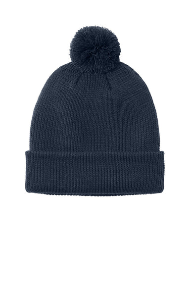 Port Authority Hats C978 Unisex Cozy Pom Beanie River Navy Blue Flat Front