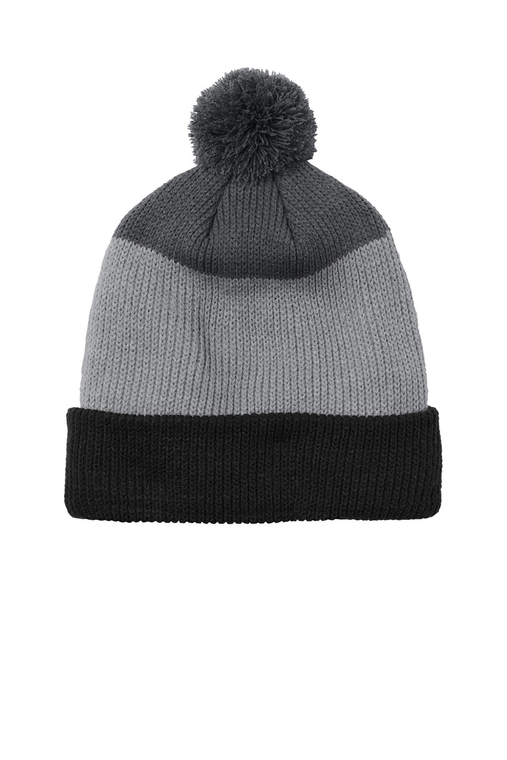 Port Authority Hats C979 Unisex Cozy Striped Pom Beanie Deep Black/Gusty Grey/Storm Grey Flat Front