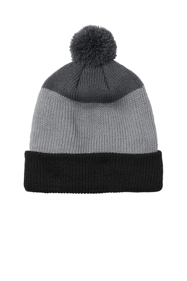 Port Authority Hats C979 Unisex Cozy Striped Pom Beanie Deep Black/Gusty Grey/Storm Grey Flat Front