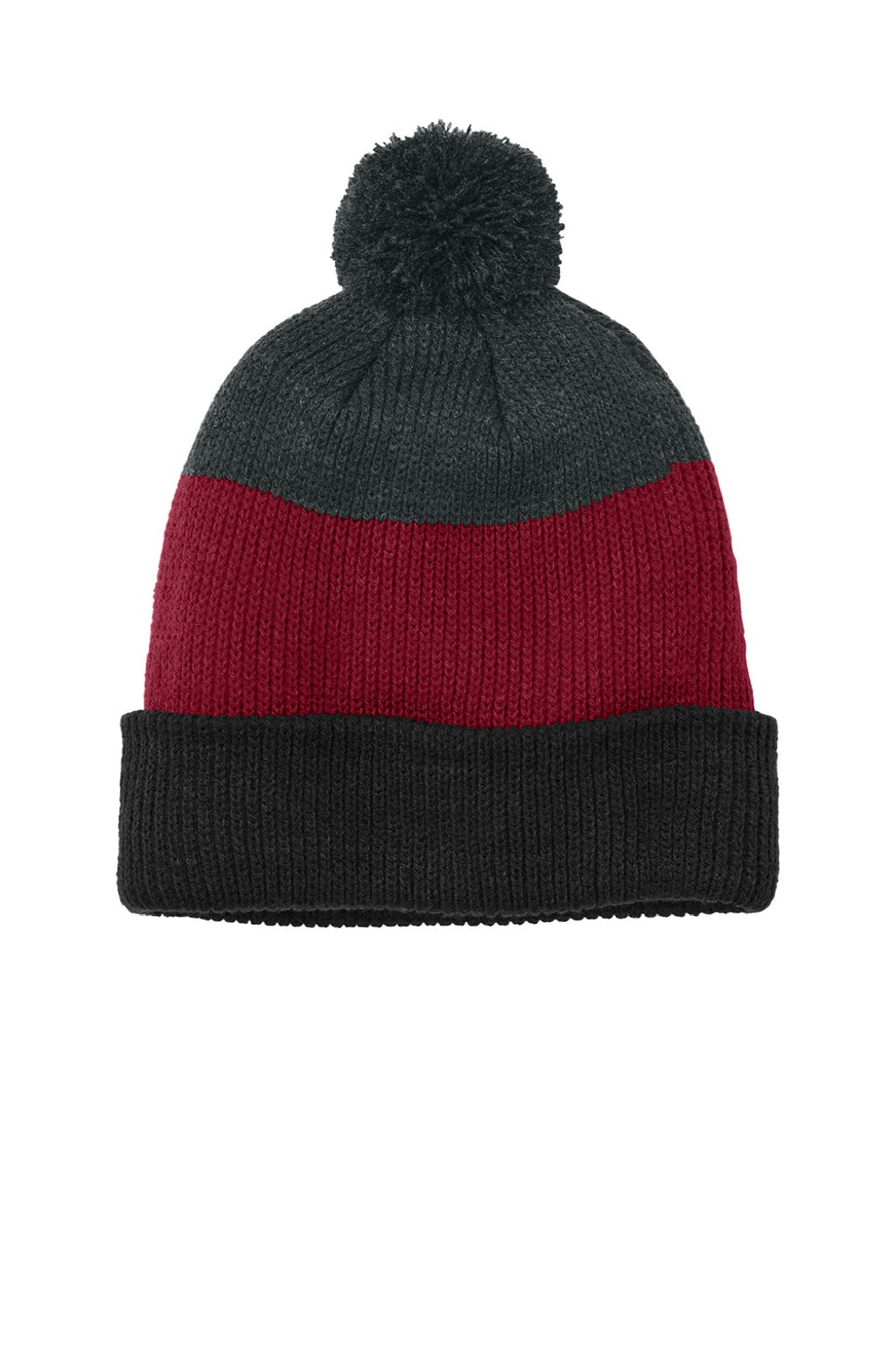 Port Authority Hats C979 Unisex Cozy Striped Pom Beanie Deep Black/Rich Red/Heather Charcoal Grey Flat Front