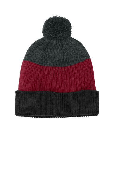 Port Authority Hats C979 Unisex Cozy Striped Pom Beanie Deep Black/Rich Red/Heather Charcoal Grey Flat Front