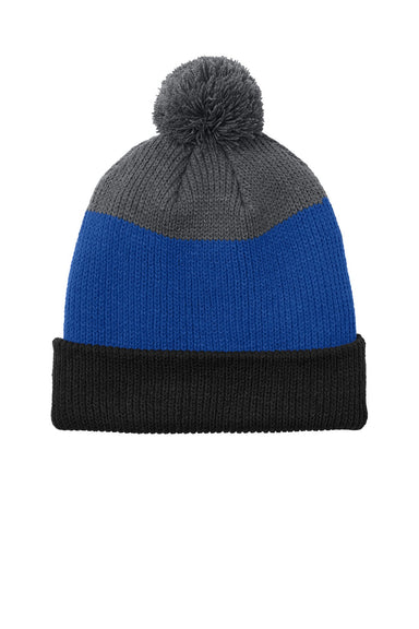Port Authority Hats C979 Unisex Cozy Striped Pom Beanie Deep Black/True Royal Blue/Storm Grey Flat Front