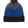 Port Authority Hats Unisex Cozy Striped Pom Beanie - Deep Black/True Royal Blue/Storm Grey