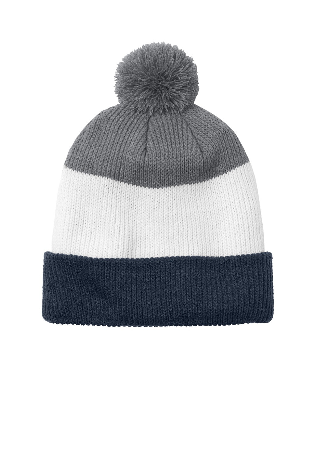 Port Authority Hats C979 Unisex Cozy Striped Pom Beanie River Navy Blue/Marshmallow White/Gusty Grey Flat Front