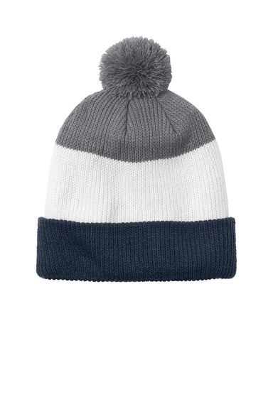 Port Authority Hats C979 Unisex Cozy Striped Pom Beanie River Navy Blue/Marshmallow White/Gusty Grey Flat Front