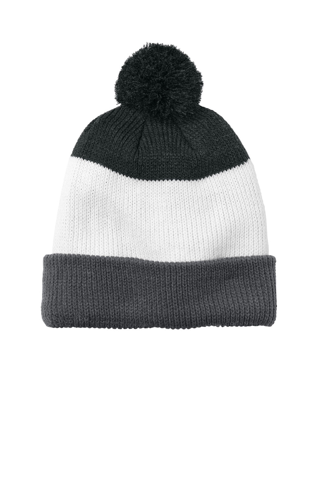 Port Authority Hats C979 Unisex Cozy Striped Pom Beanie Storm Grey/Marshmallow White/Heather Charcoal Grey Flat Front