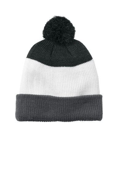 Port Authority Hats C979 Unisex Cozy Striped Pom Beanie Storm Grey/Marshmallow White/Heather Charcoal Grey Flat Front