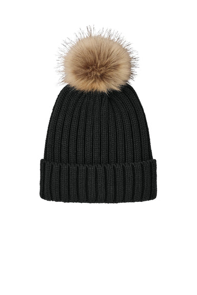 Port Authority Hats C990 Mens Faux Fur Pom Beanie Deep Black Flat Front