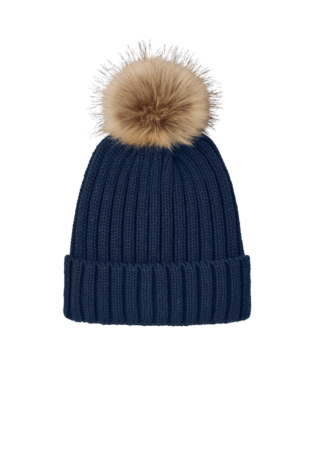 Port Authority Hats C990 Mens Faux Fur Pom Beanie River Navy Blue Flat Front