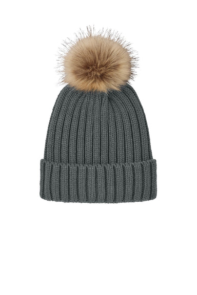 Port Authority Hats C990 Mens Faux Fur Pom Beanie Storm Grey Flat Front