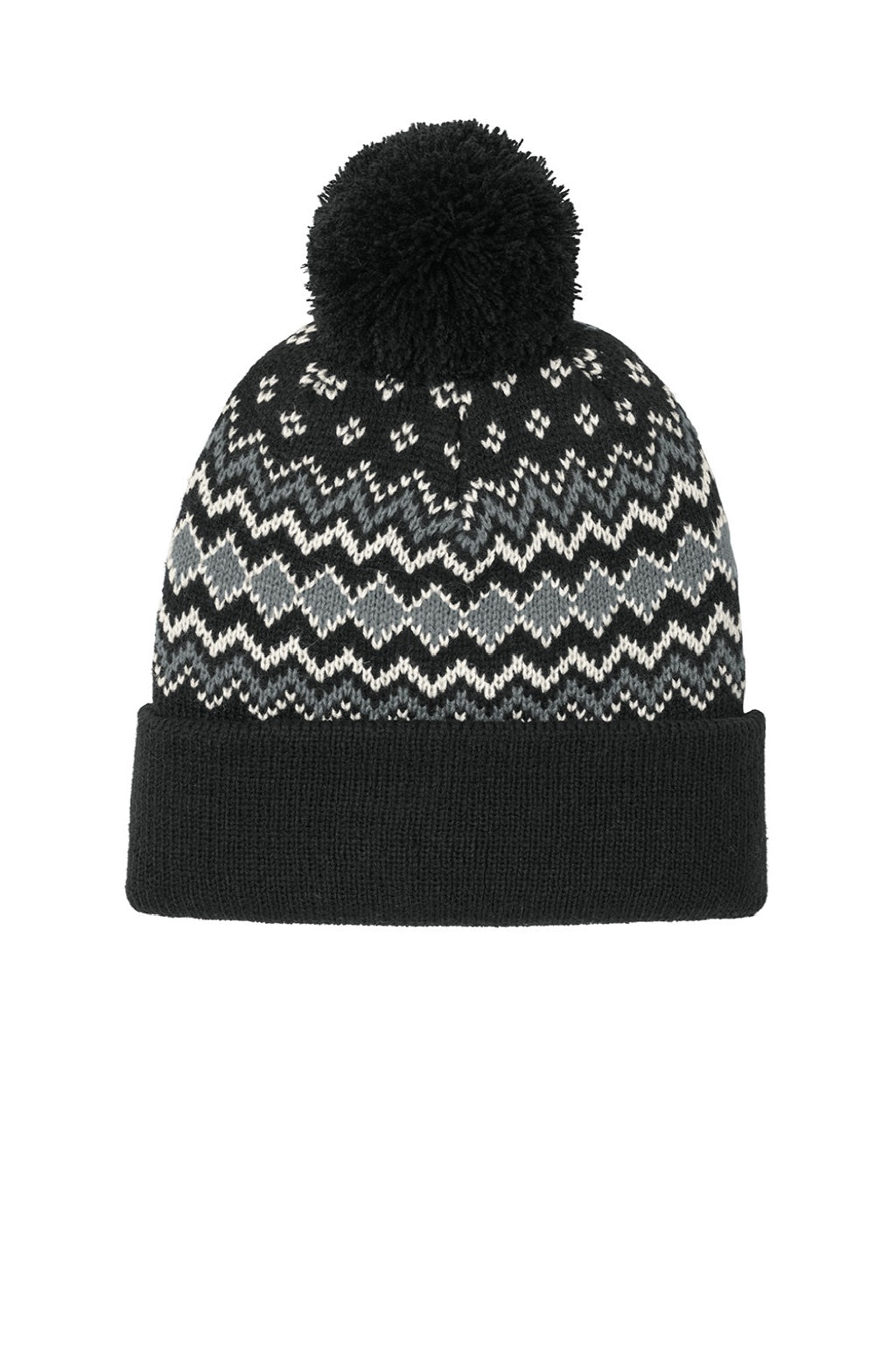 Port Authority Hats C991 Mens Alpine Pom Beanie Deep Black/Gusty Grey/Marshmellow Flat Front