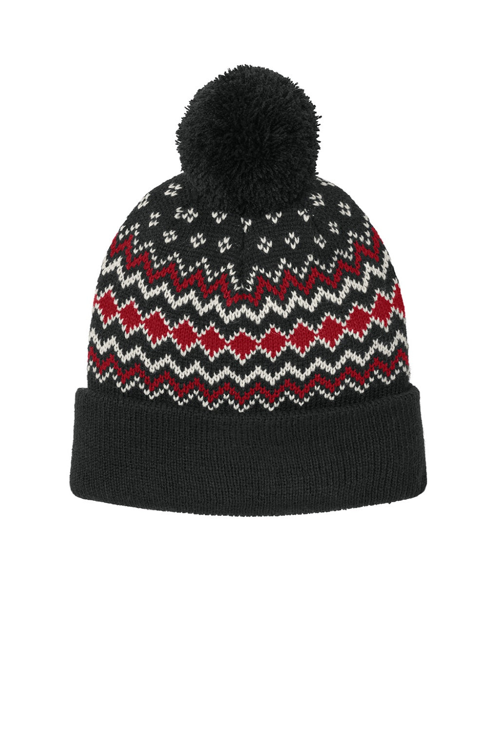 Port Authority Hats C991 Mens Alpine Pom Beanie Deep Black/Rich Red/Marshmellow Flat Front