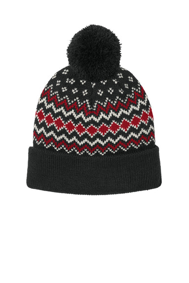 Port Authority Hats C991 Mens Alpine Pom Beanie Deep Black/Rich Red/Marshmellow Flat Front