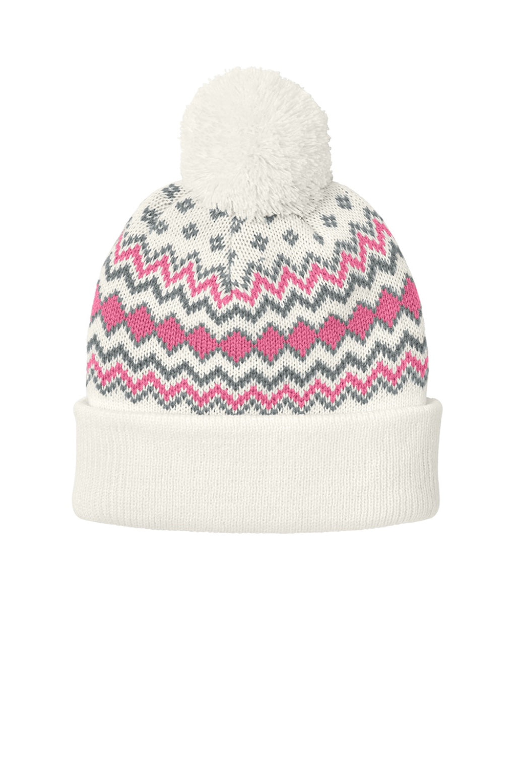 Port Authority Hats C991 Mens Alpine Pom Beanie Marshmellow White/Awareness Pink/Gusty Grey Flat Front