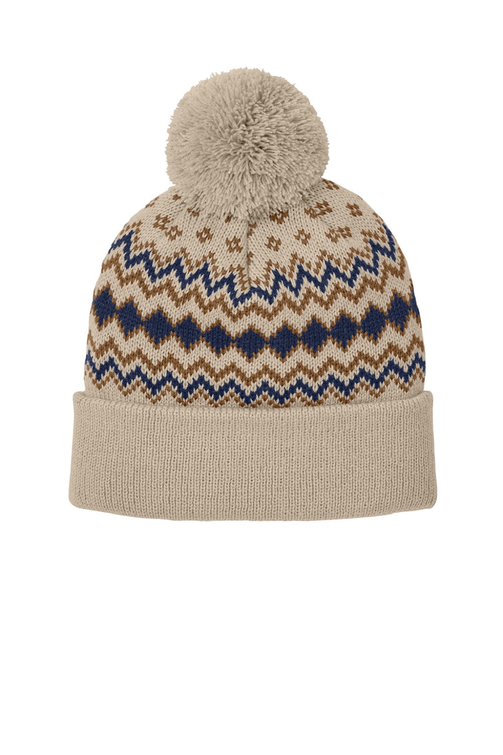 Port Authority Hats C991 Mens Alpine Pom Beanie Sahara Brown/True Navy Blue/Brown Flat Front