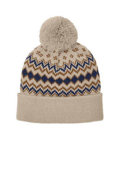 Port Authority Hats C991 Mens Alpine Pom Beanie Sahara Brown/True Navy Blue/Brown Flat Front