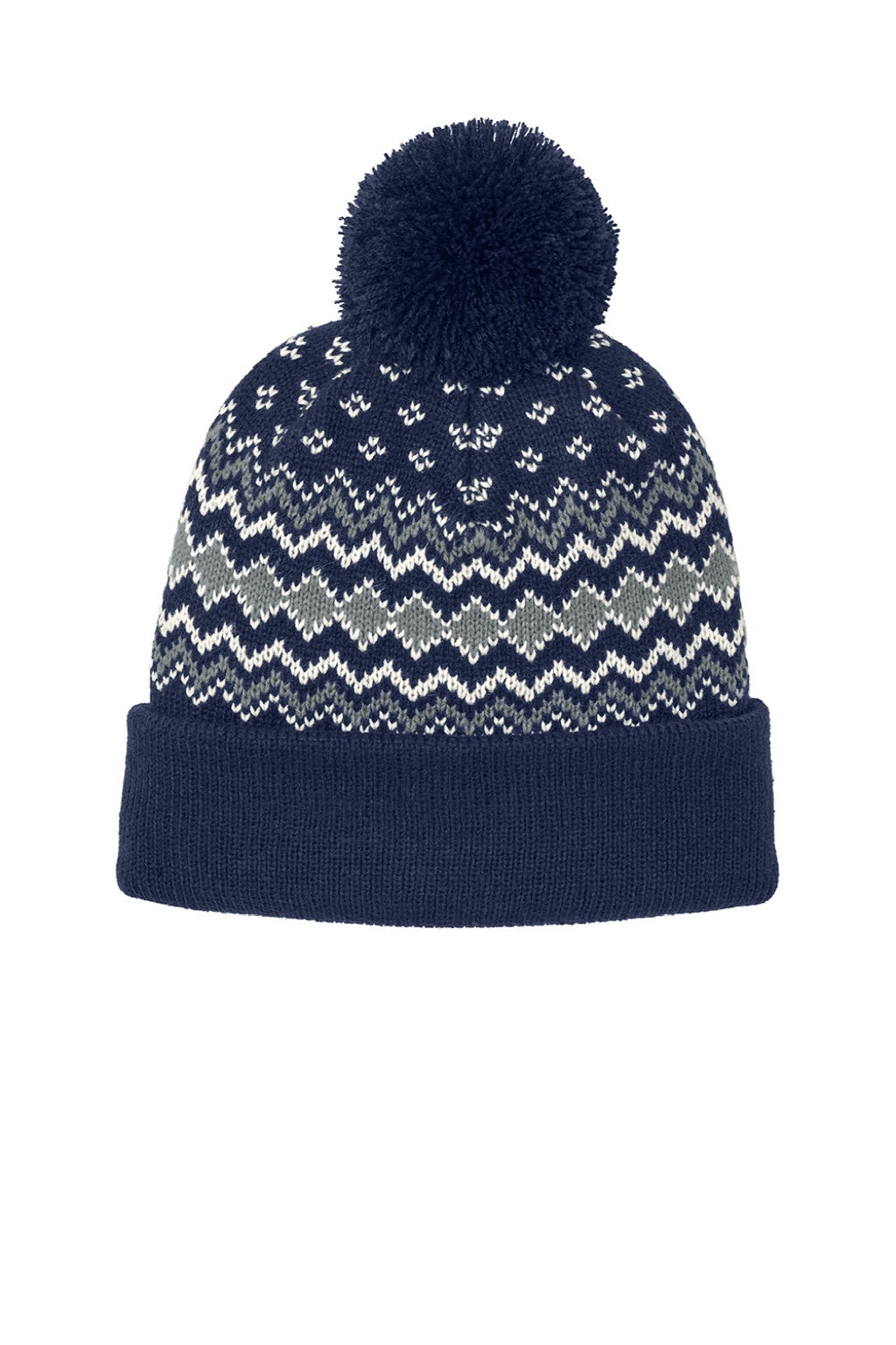 Port Authority Hats C991 Mens Alpine Pom Beanie True Navy Blue/Gusty Grey/Marshmellow White Flat Front