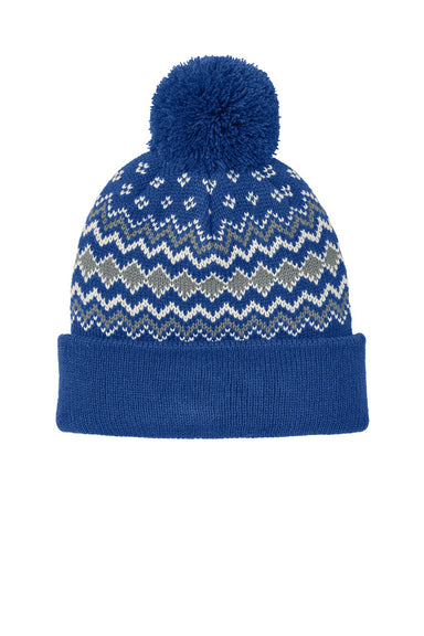 Port Authority Hats C991 Mens Alpine Pom Beanie True Royal Blue/Gusty Grey/Marshmellow White Flat Front