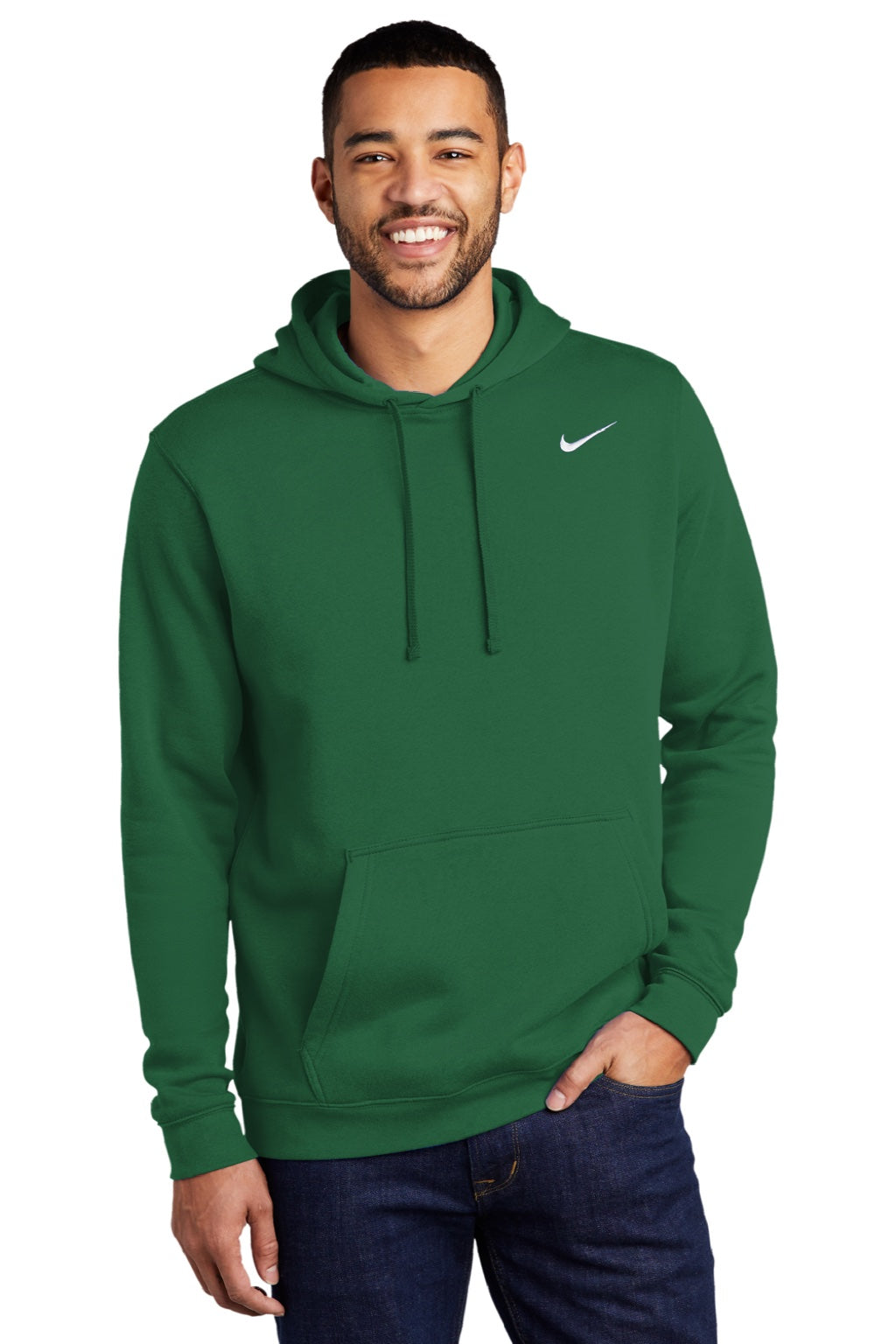 Nike CJ1611 Mens Club Fleece Hooded Sweatshirt Hoodie w/ Pouch Pocket Dark Green Model Front