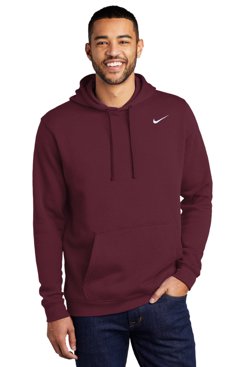 Nike CJ1611 Mens Club Fleece Hooded Sweatshirt Hoodie w/ Pouch Pocket Dark Maroon Model Front