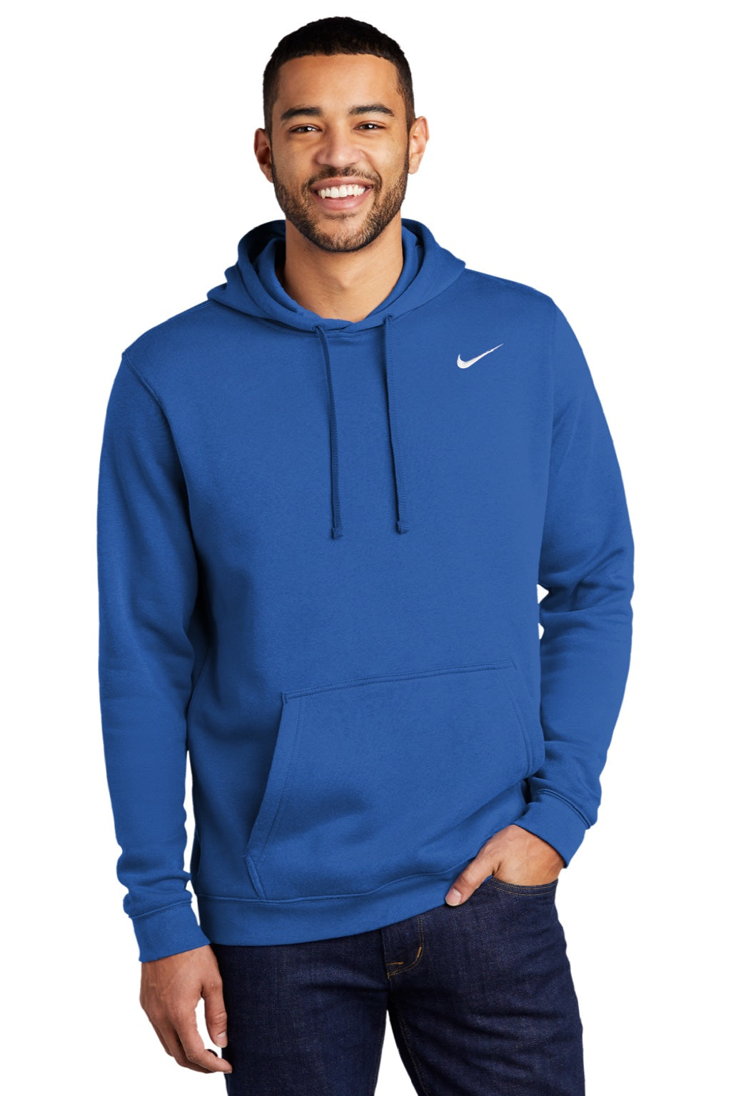 Nike CJ1611 Mens Club Fleece Hooded Sweatshirt Hoodie w/ Pouch Pocket Royal Blue Model Front