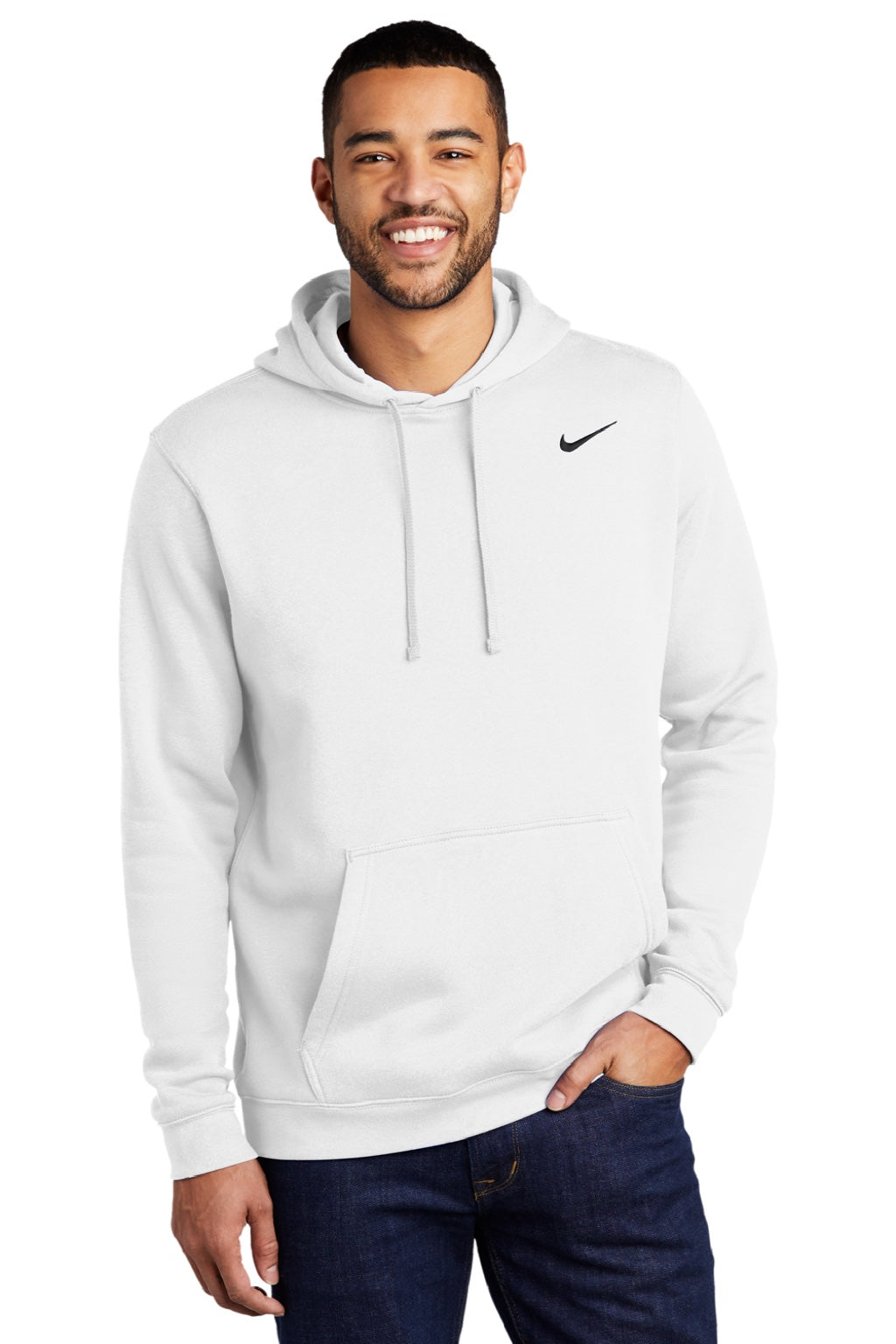 Nike CJ1611 Mens Club Fleece Hooded Sweatshirt Hoodie w/ Pouch Pocket White Model Front