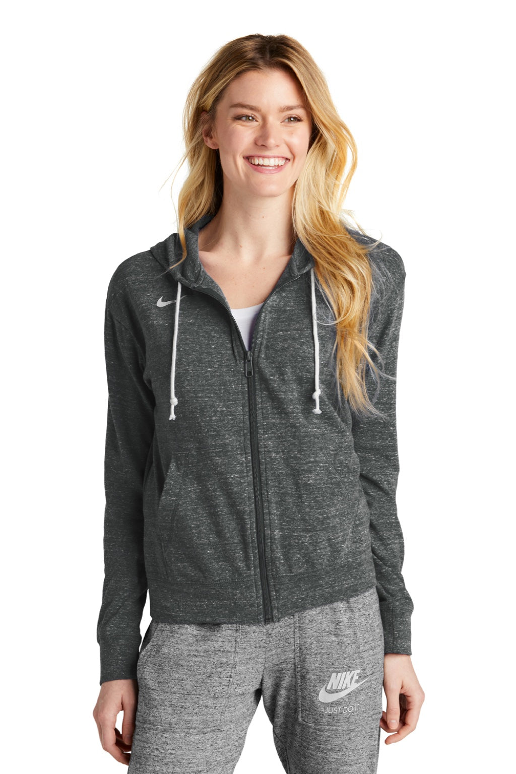 Nike CN9402 Womens Gym Vintage Full Zip Hooded Sweatshirt Hoodie w/ Pockets Team Anthracite Grey Model Front