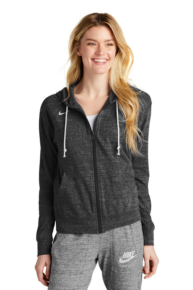 Nike CN9402 Womens Gym Vintage Full Zip Hooded Sweatshirt Hoodie Team Black Model Front