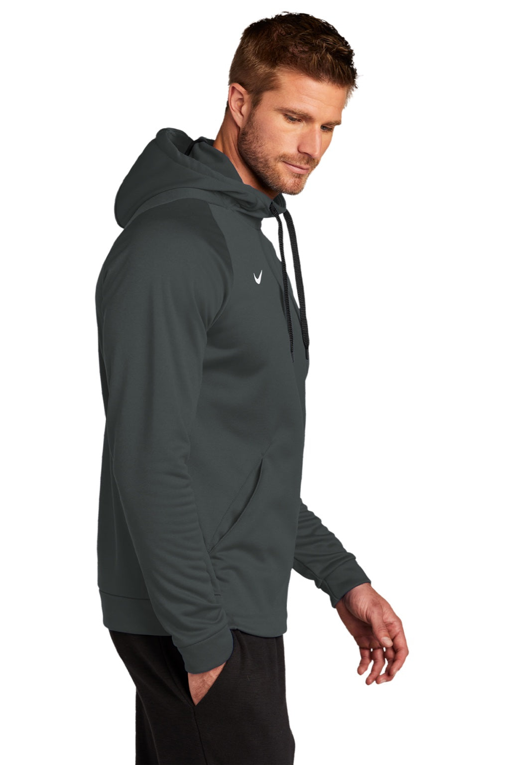 Nike CN9473 Mens Therma-Fit Moisture Wicking Fleece Hooded Sweatshirt Hoodie w/ Pouch Pocket Team Anthracite Grey Model Side