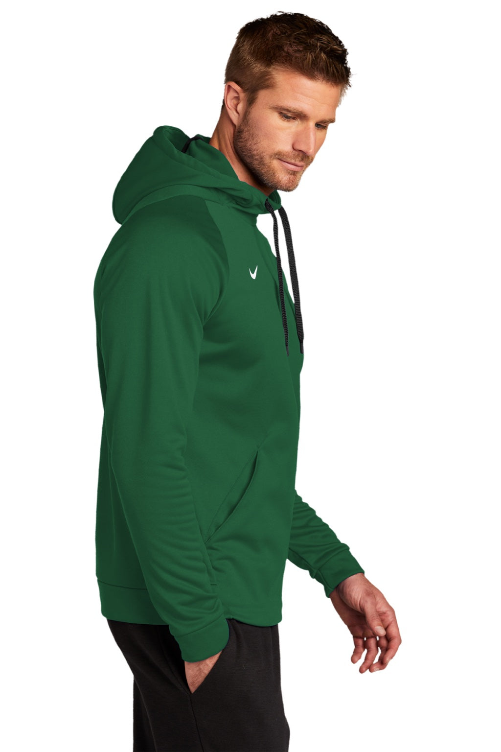 Nike CN9473 Mens Therma-Fit Moisture Wicking Fleece Hooded Sweatshirt Hoodie w/ Pouch Pocket Team Dark Green Model Side