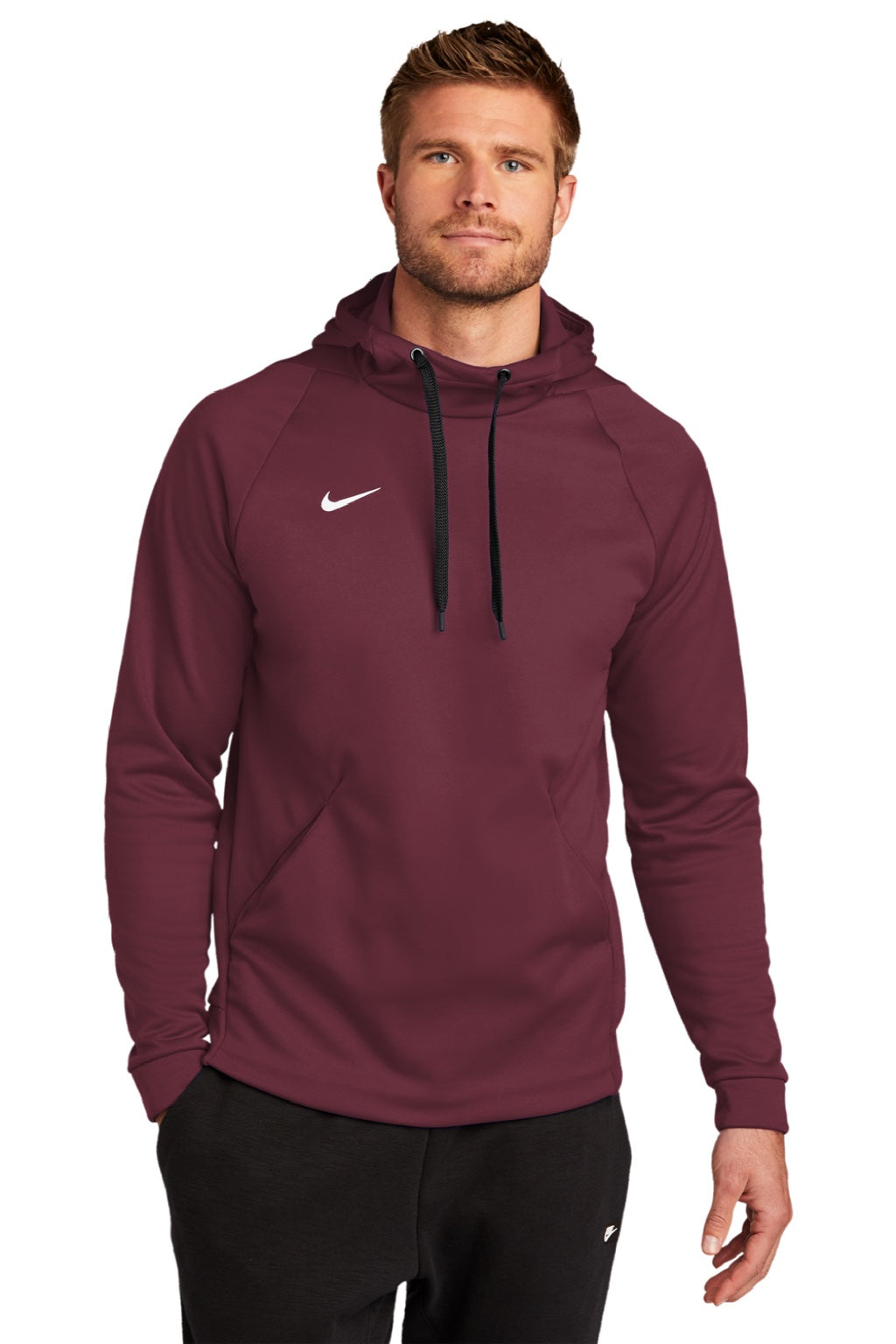 Nike CN9473 Mens Therma-Fit Moisture Wicking Fleece Hooded Sweatshirt Hoodie w/ Pouch Pocket Team Dark Maroon Model Front