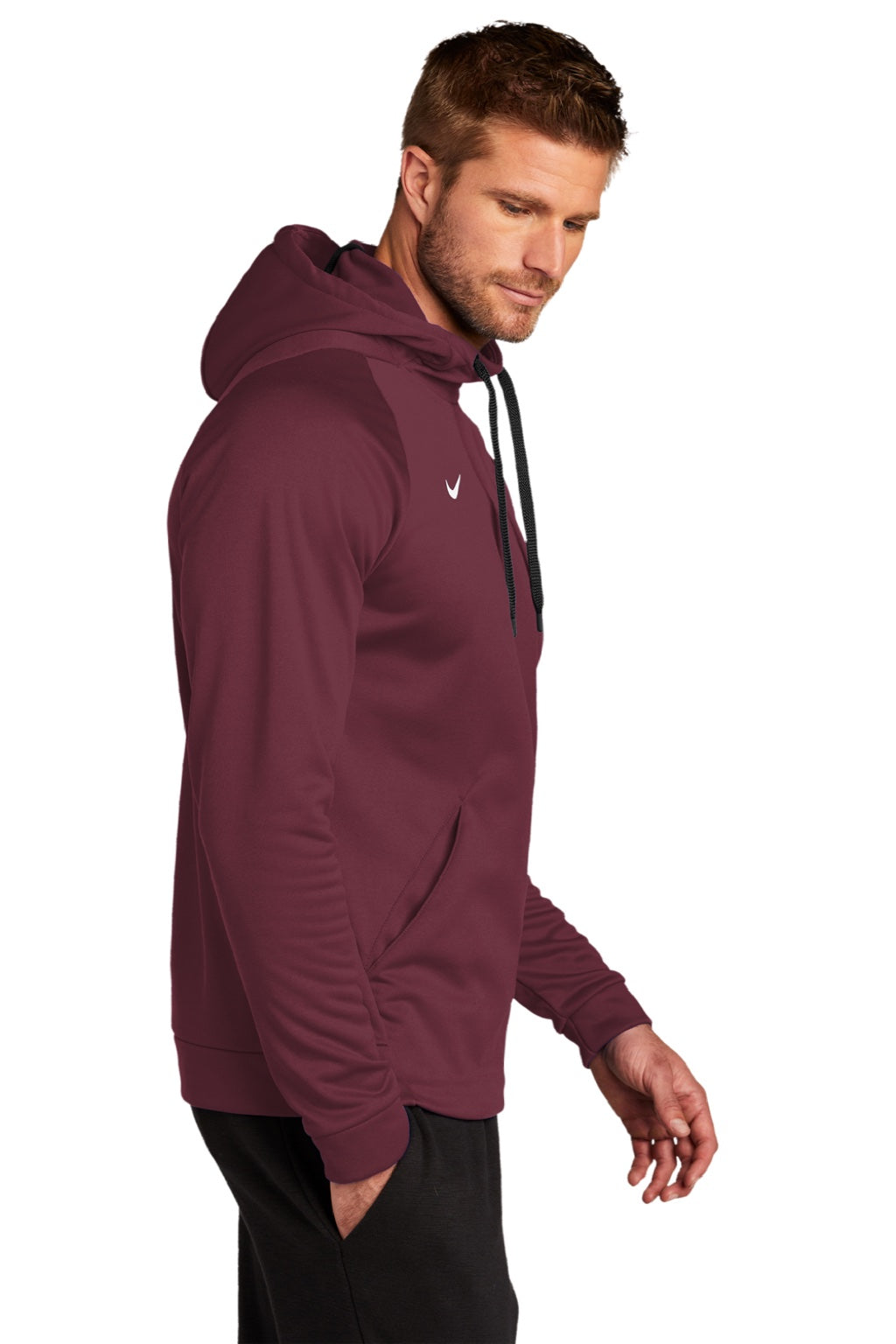 Nike CN9473 Mens Therma-Fit Moisture Wicking Fleece Hooded Sweatshirt Hoodie w/ Pouch Pocket Team Dark Maroon Model Side