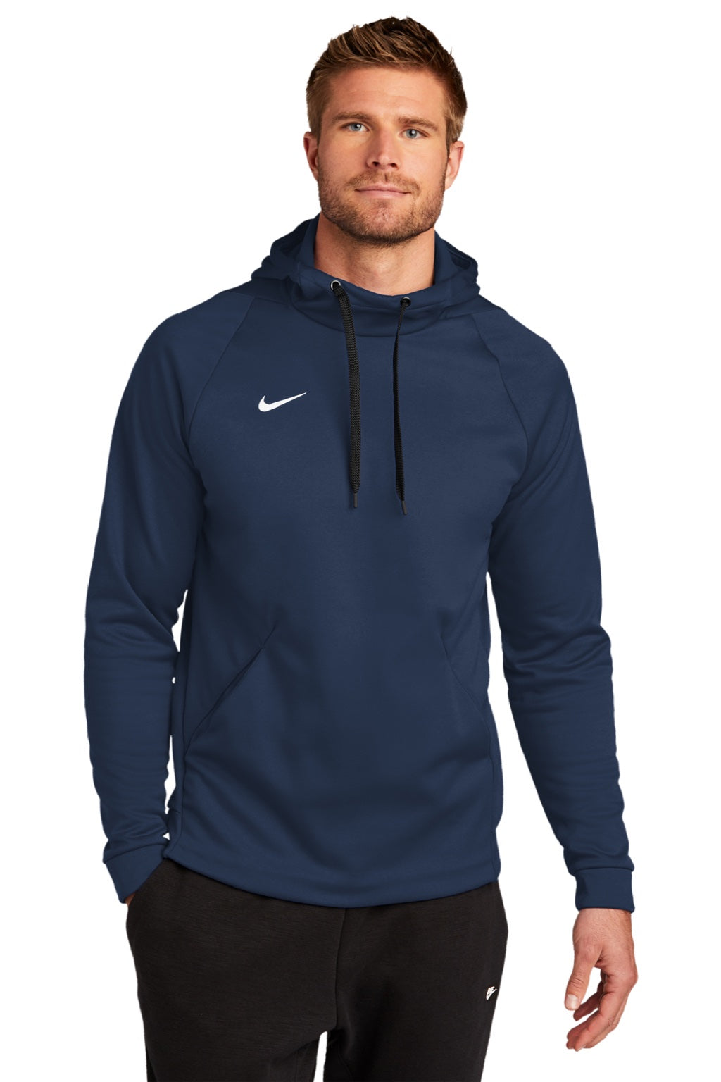 Nike CN9473 Mens Therma-Fit Moisture Wicking Fleece Hooded Sweatshirt Hoodie w/ Pouch Pocket Team Navy Blue Model Front