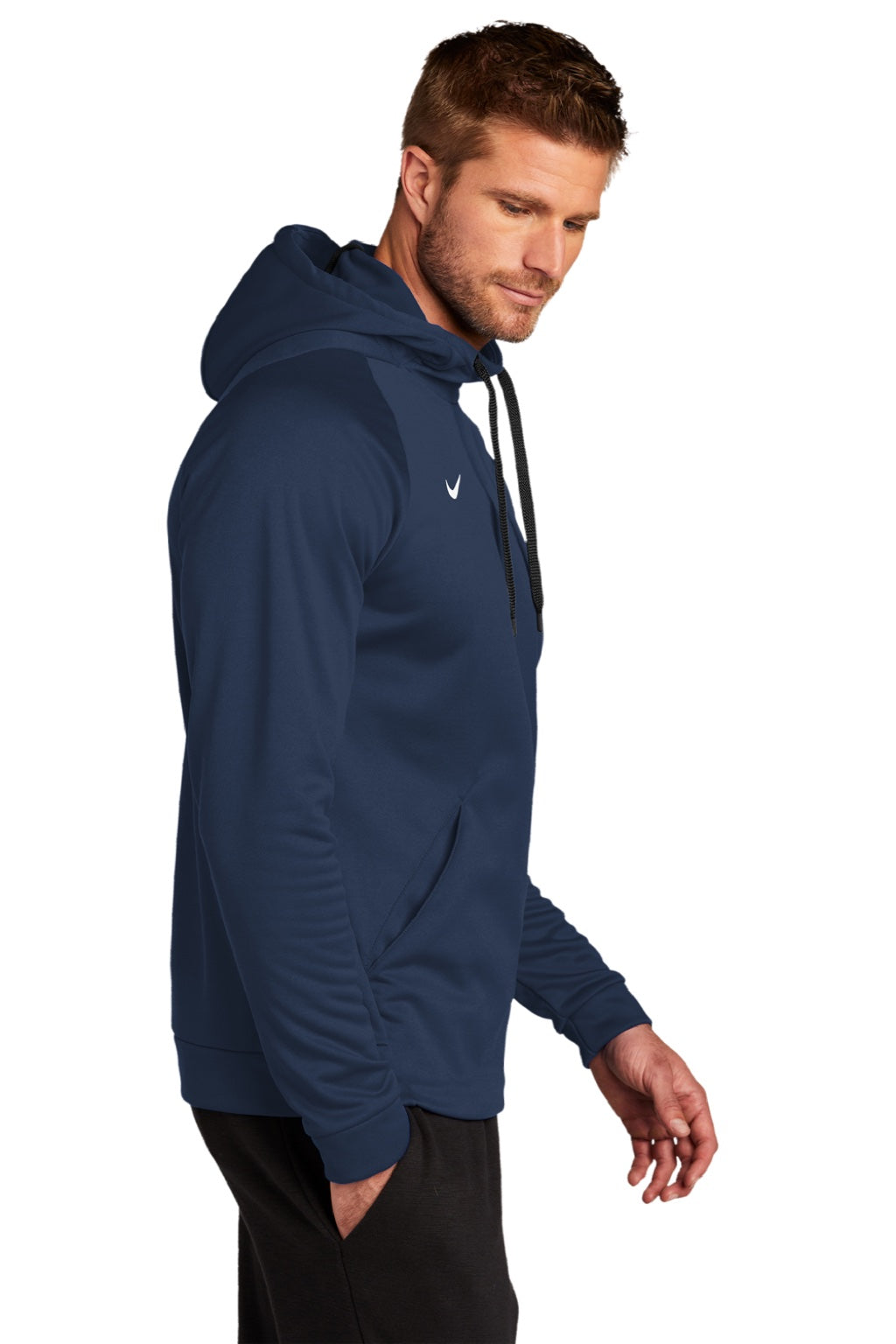 Nike CN9473 Mens Therma-Fit Moisture Wicking Fleece Hooded Sweatshirt Hoodie w/ Pouch Pocket Team Navy Blue Model Side