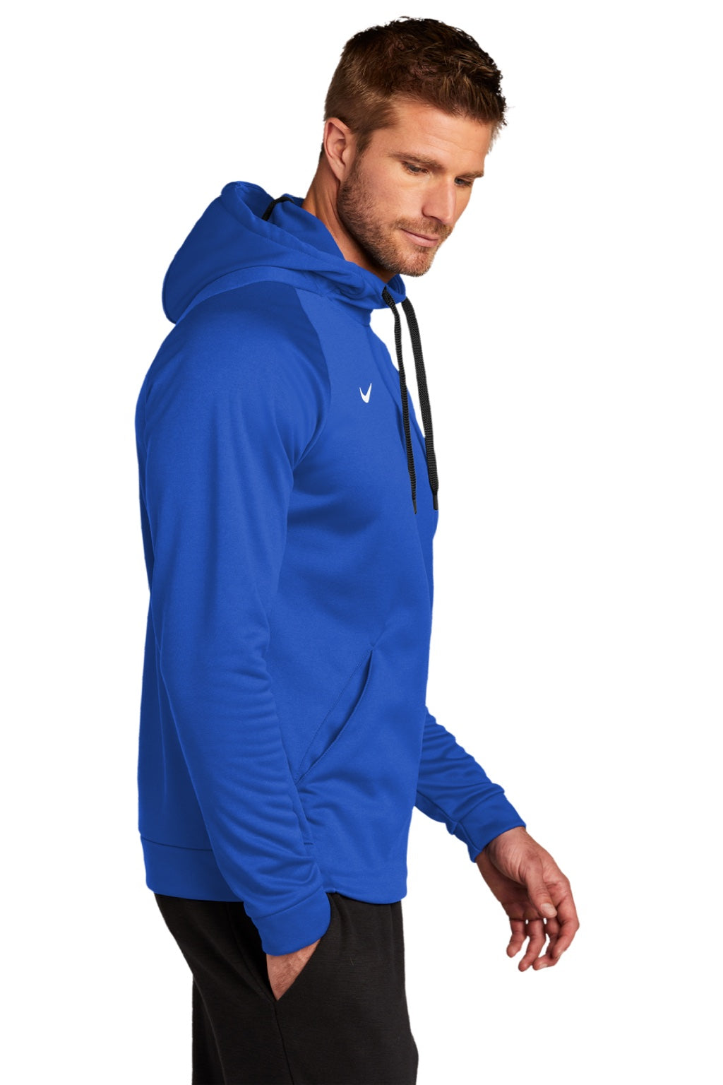 Nike CN9473 Mens Therma-Fit Moisture Wicking Fleece Hooded Sweatshirt Hoodie w/ Pouch Pocket Team Royal Blue Model Side