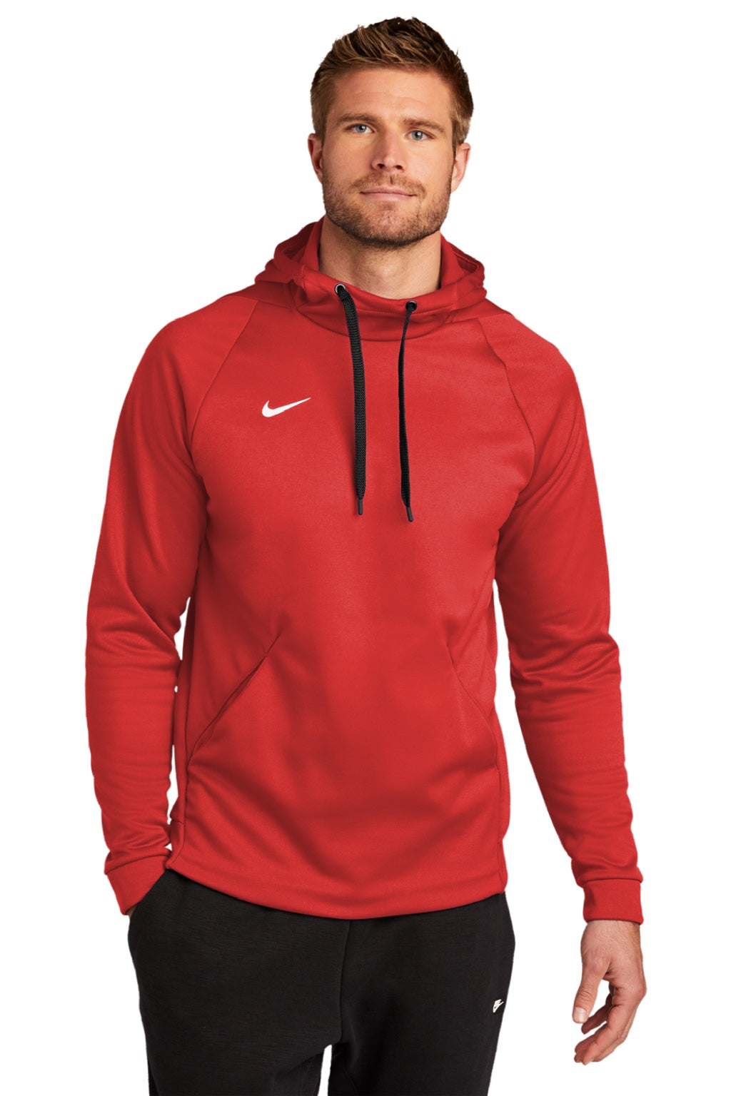 Nike CN9473 Mens Therma-Fit Moisture Wicking Fleece Hooded Sweatshirt Hoodie w/ Pouch Pocket Team Scarlet Red Model Front