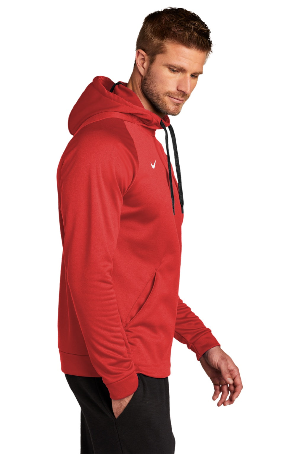 Nike CN9473 Mens Therma-Fit Moisture Wicking Fleece Hooded Sweatshirt Hoodie w/ Pouch Pocket Team Scarlet Red Model Side