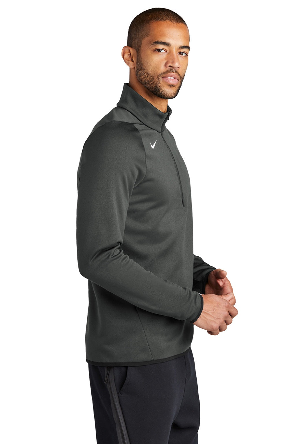 Nike CN9492 Mens Therma-Fit Moisture Wicking Fleece 1/4 Zip Sweatshirt Team Anthracite Grey Model Side