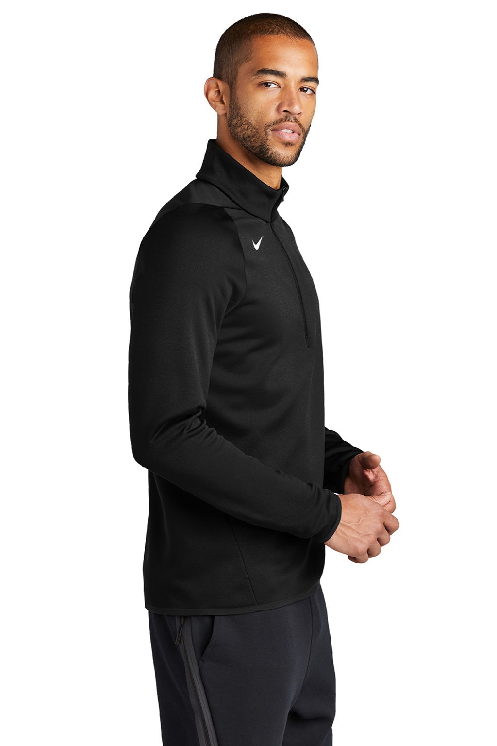 Nike CN9492 Mens Therma-Fit Moisture Wicking Fleece 1/4 Zip Sweatshirt Team Black Model Side