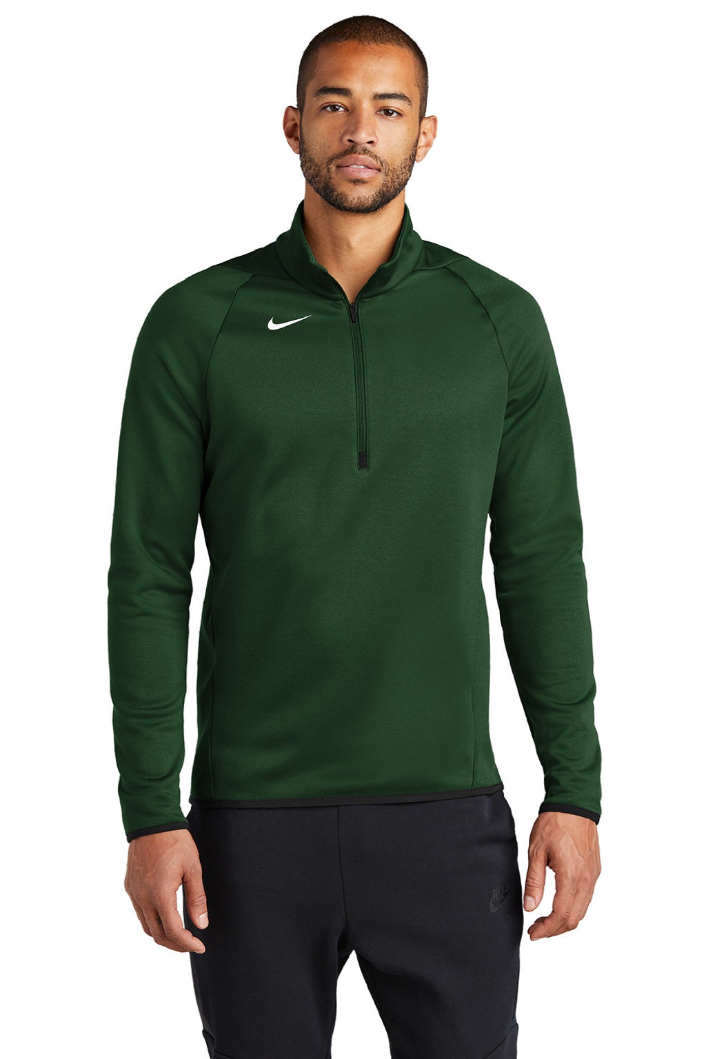 Nike CN9492 Mens Therma-Fit Moisture Wicking Fleece 1/4 Zip Sweatshirt Team Dark Green Model Front