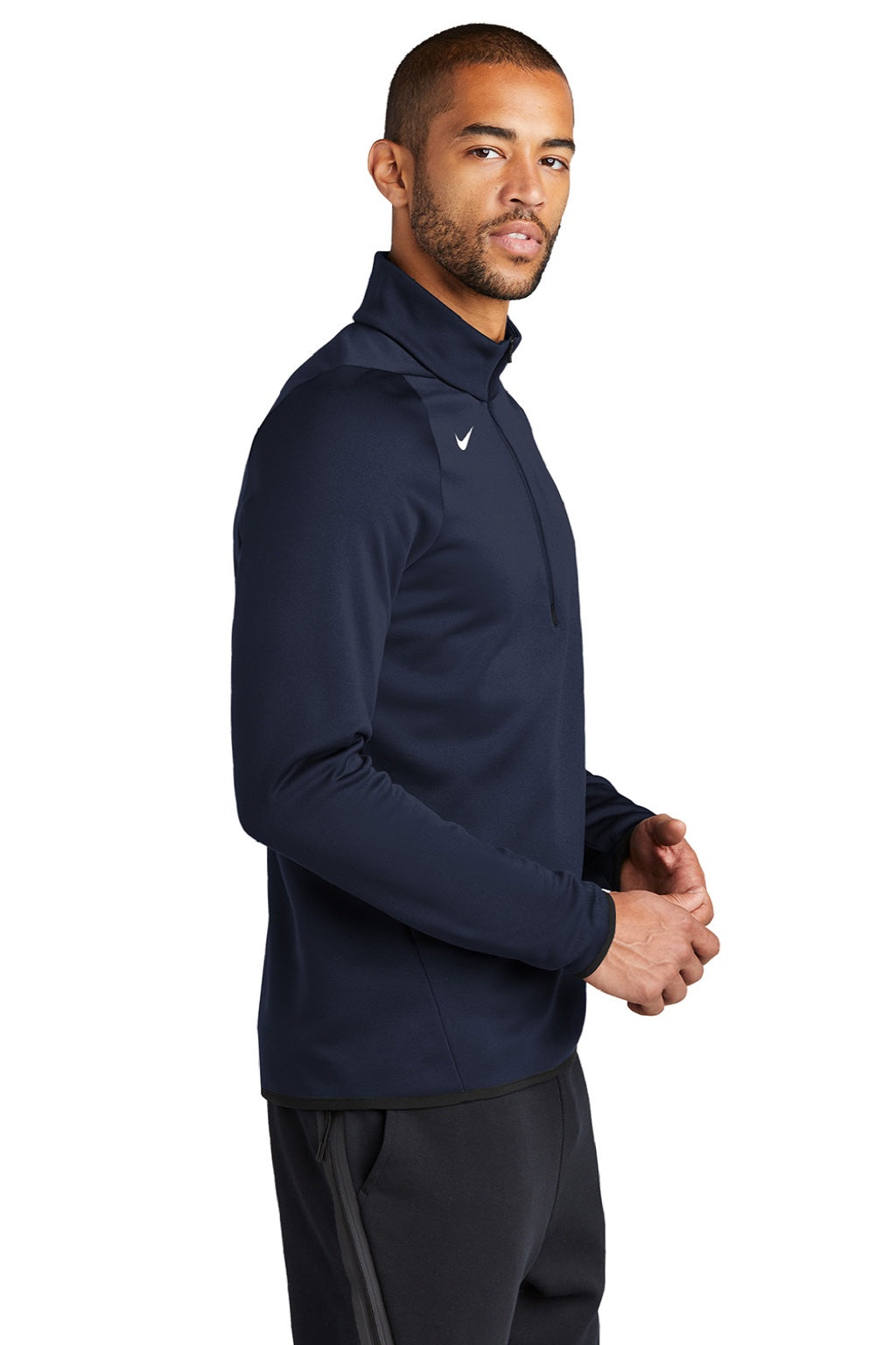 Nike CN9492 Mens Therma-Fit Moisture Wicking Fleece 1/4 Zip Sweatshirt Team Navy Blue Model Side
