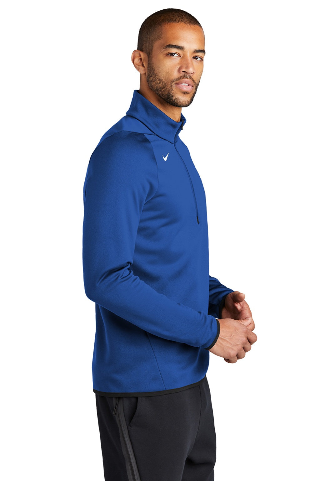 Nike CN9492 Mens Therma-Fit Moisture Wicking Fleece 1/4 Zip Sweatshirt Team Royal Blue Model Side