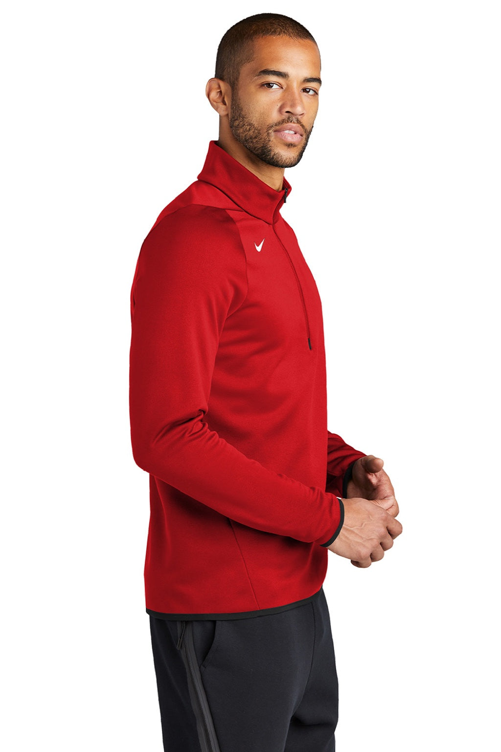Nike CN9492 Mens Therma-Fit Moisture Wicking Fleece 1/4 Zip Sweatshirt Team Scarlet Red Model Side