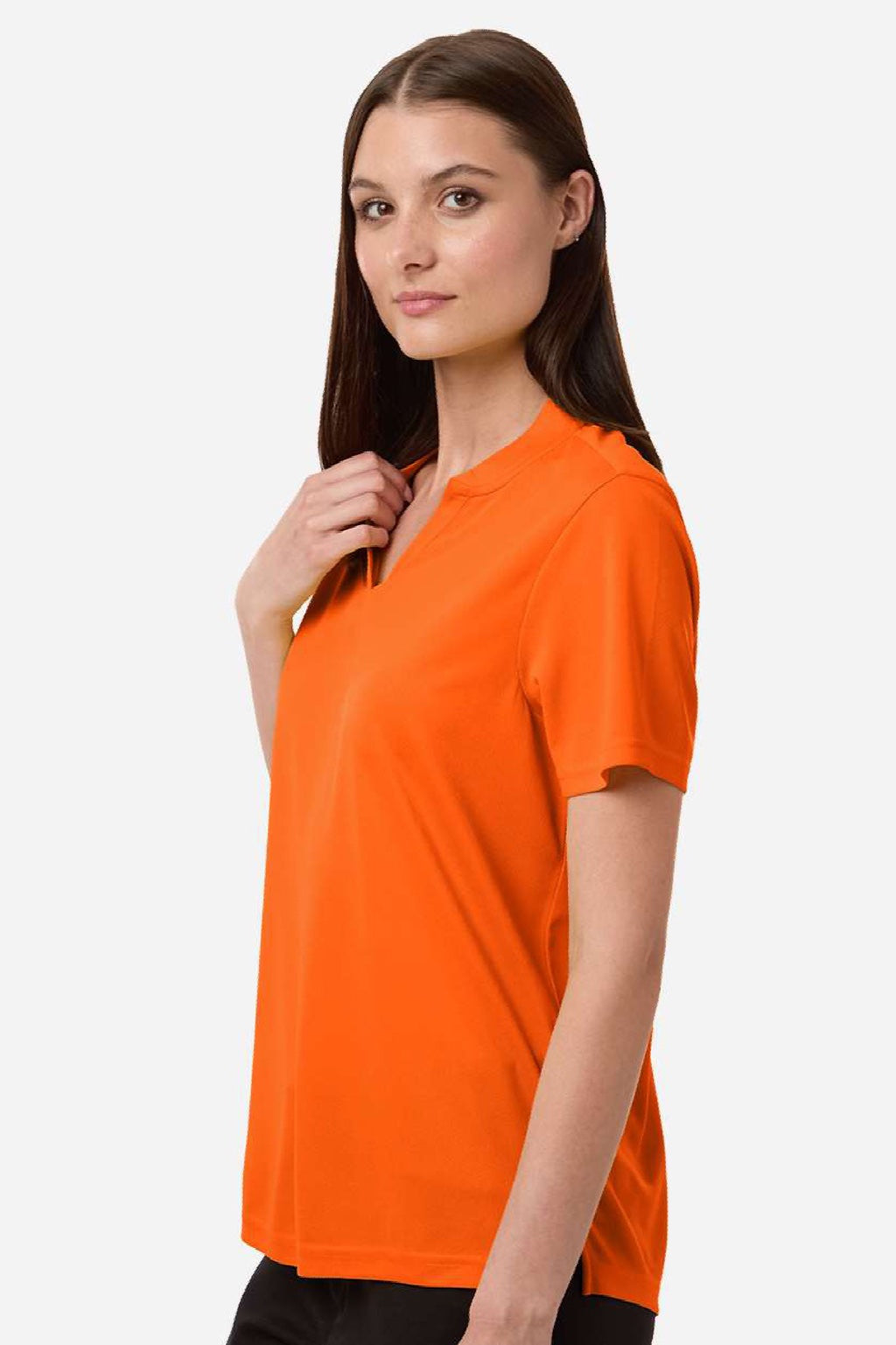 Core 365 CE108W Womens Nova Performance Pique Short Sleeve Polo Shirt Campus Orange Model Side