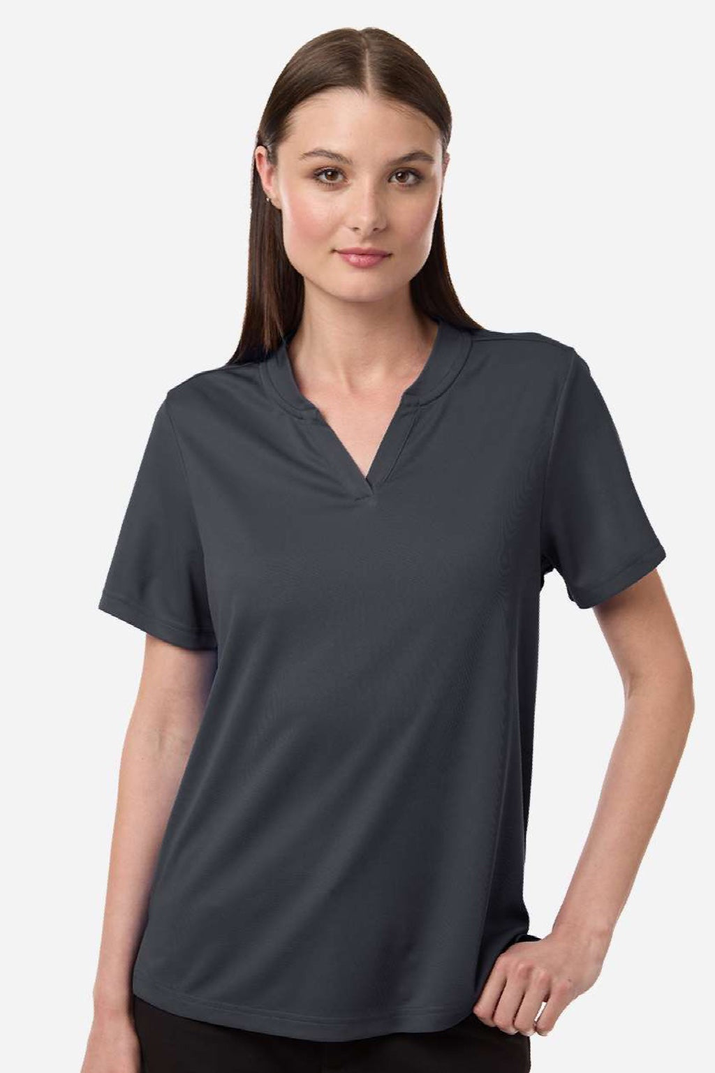 Core 365 CE108W Womens Nova Performance Pique Short Sleeve Polo Shirt Carbon Grey Model Front