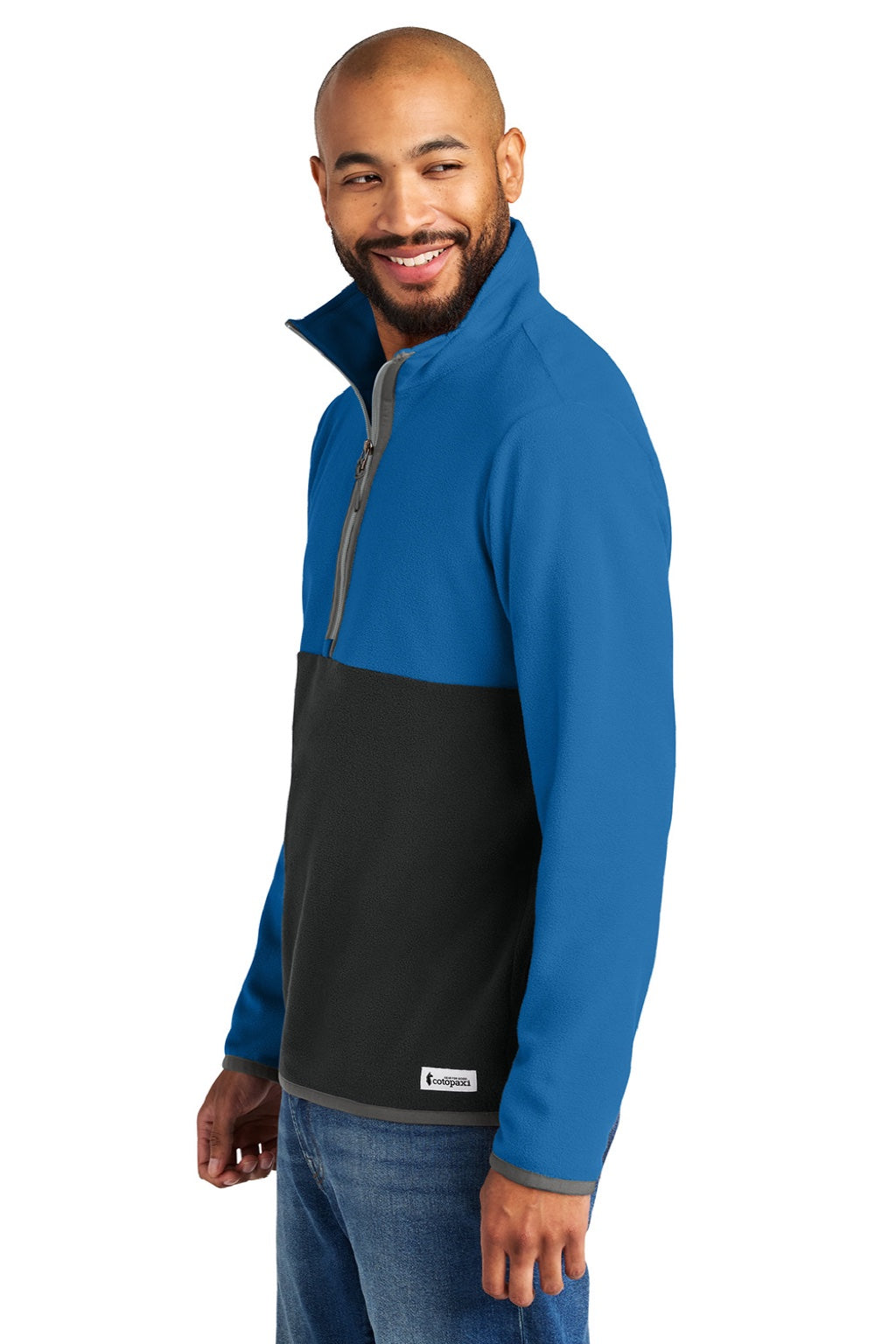 Cotopaxi COTOM1691 Mens Amado 1/4 Zip Fleece Sweatshirt Atlantic Blue/Black Model Side