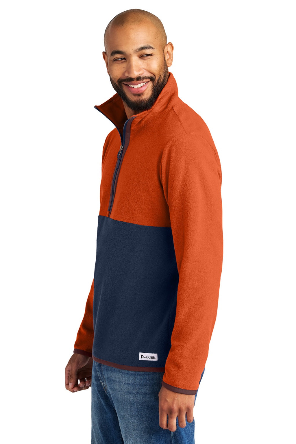 Cotopaxi COTOM1691 Mens Amado 1/4 Zip Fleece Sweatshirt Canyon/Maritime Blue Model Side