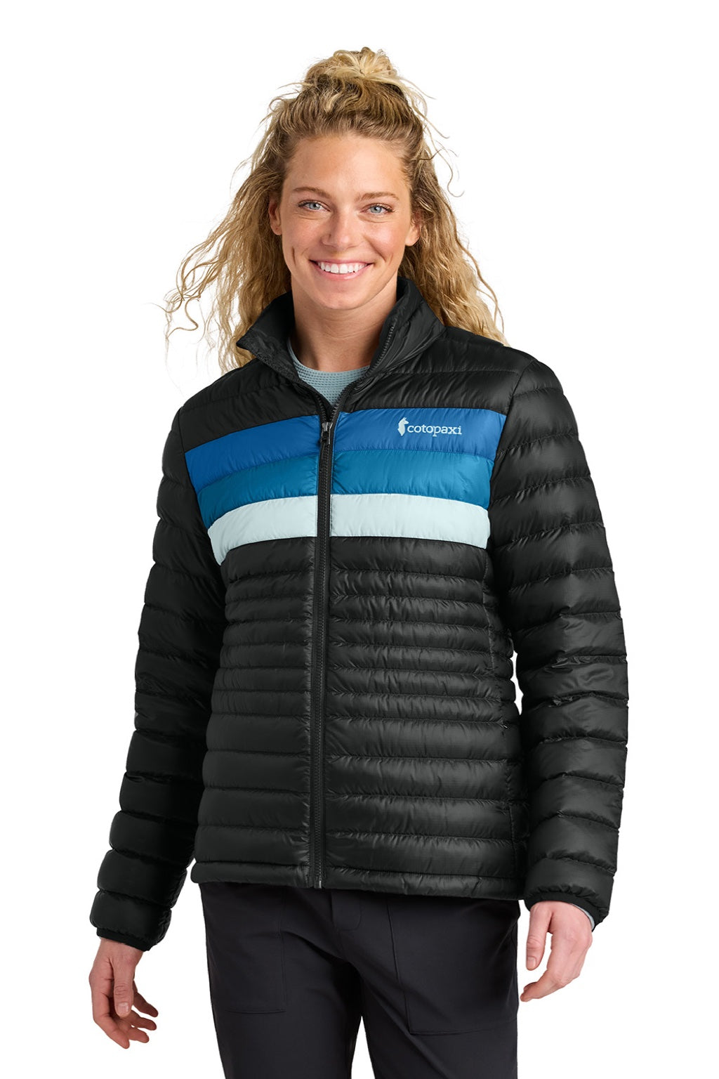 Cotopaxi COTOW1688 Womens Fuego Full Zip Down Jacket Black/Atlantic Blue Model Front