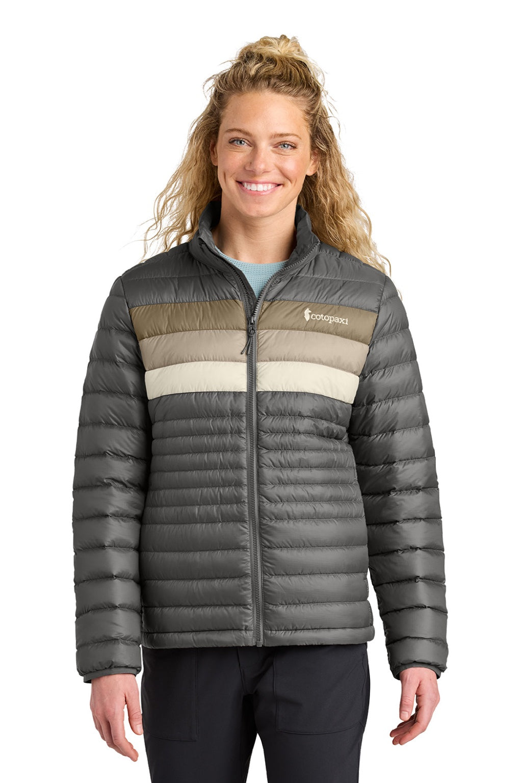 Cotopaxi COTOW1688 Womens Fuego Full Zip Down Jacket Cinder Grey/Desert Brown Model Front